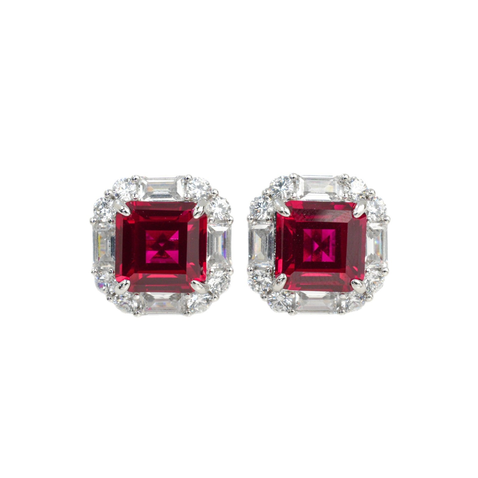 S925 Silver Lab Ruby Stud Earrings Full Diamond Halo, Anniversary Versatile Gift - Photo 5