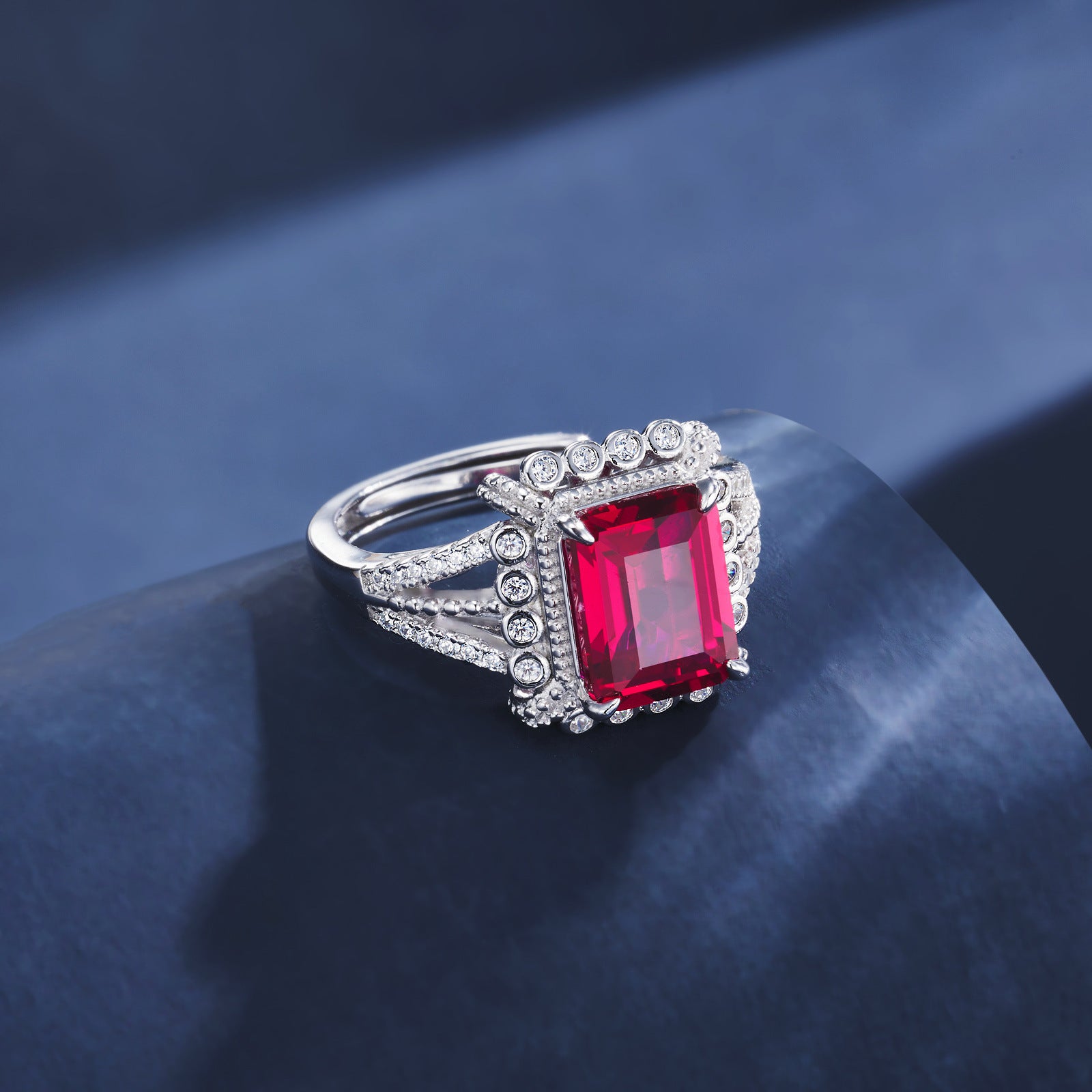 S925 Sterling Silver Lab Ruby Square Hollow Double-Row Palace Ring, Engagement Gift - Photo 2