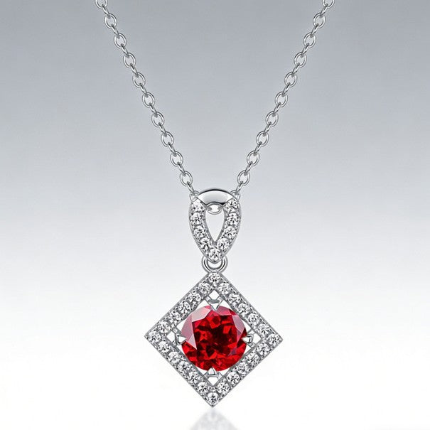 S925 Sterling Silver Lab Pigeon Blood Ruby Round Halo Pendant Choker, Premium Elegant - Photo 4