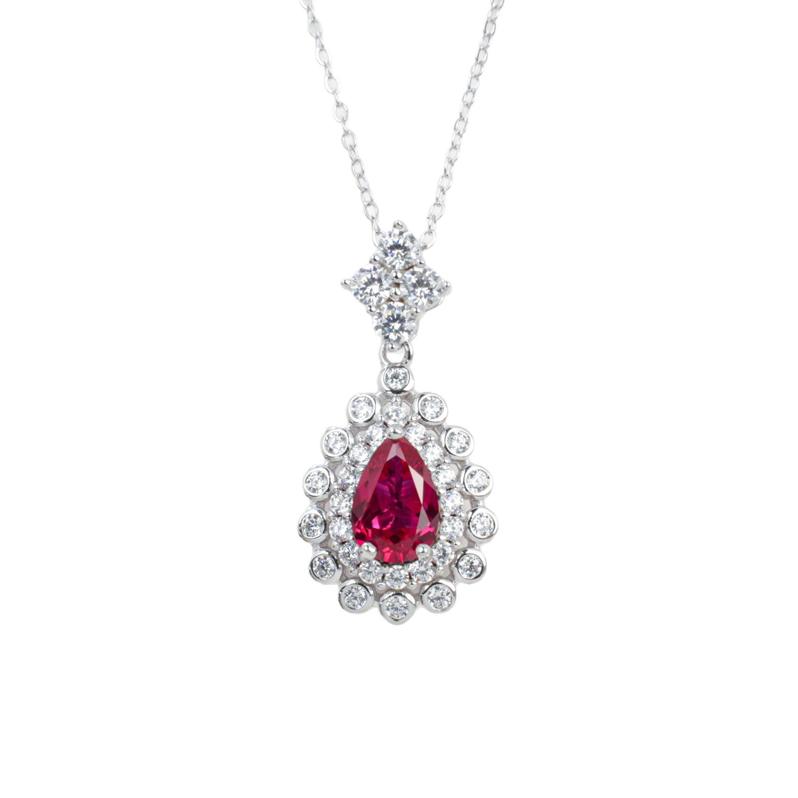 S925 Silver Pigeon Blood Lab Ruby Teardrop Halo Necklace, Premium Versatile Gift - Photo 5