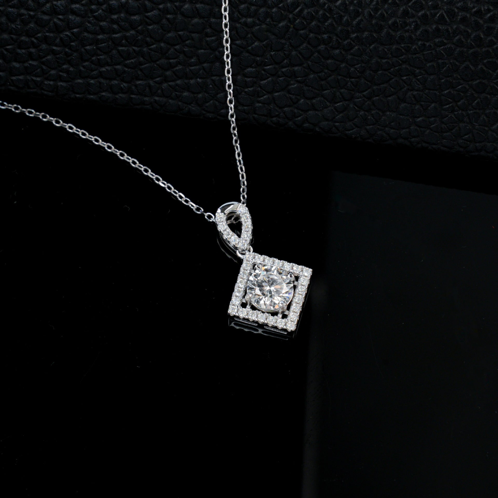 S925 Sterling Silver Lab Diamond Square Halo Necklace, Premium - Photo 3