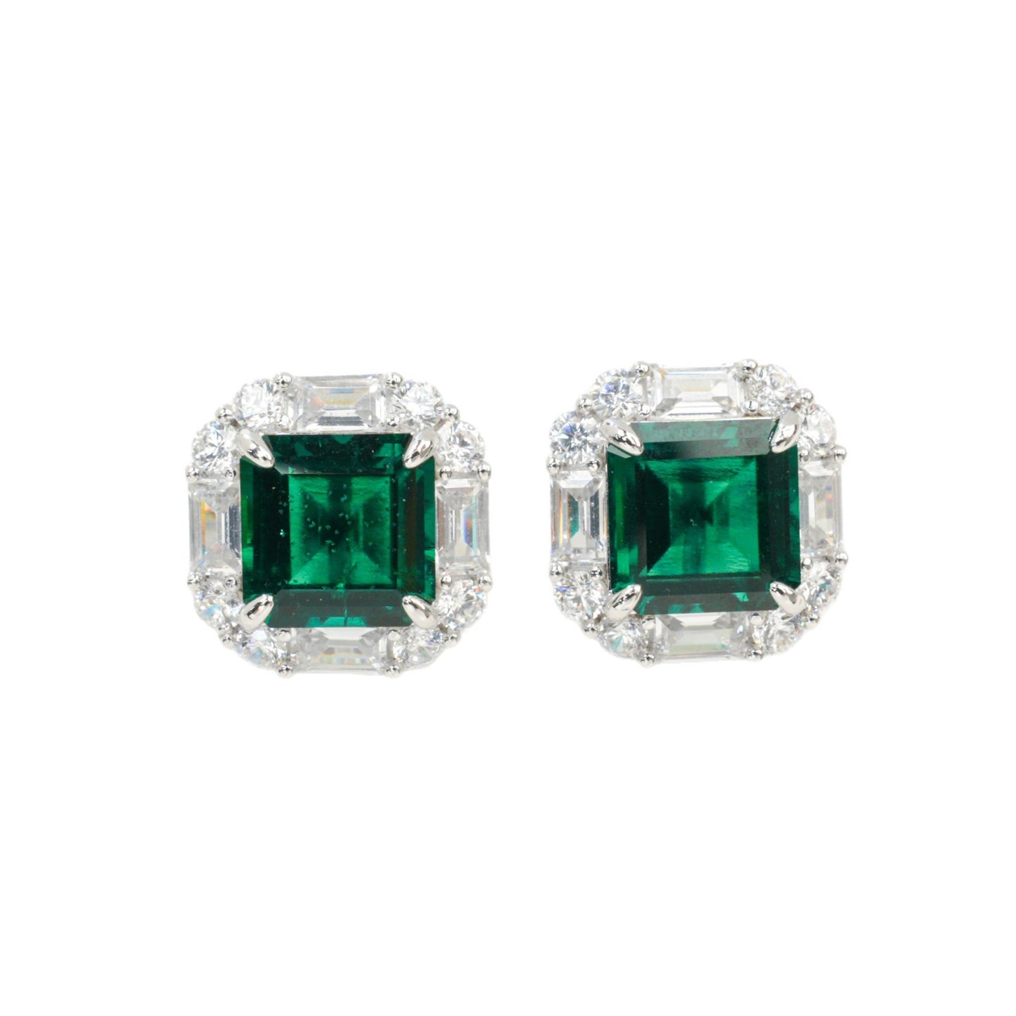 S925 Silver Lab Emerald Stud Earrings Double-Layer Full Diamond Halo, Anniversary Versatile - Photo 5