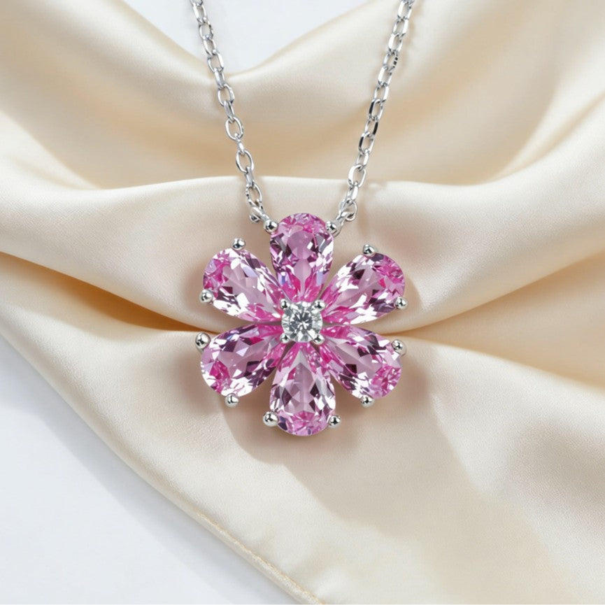 S925 Sterling Silver Pink Diamond Cherry Blossom Choker Necklace, Versatile Elegant for Women - Photo 3