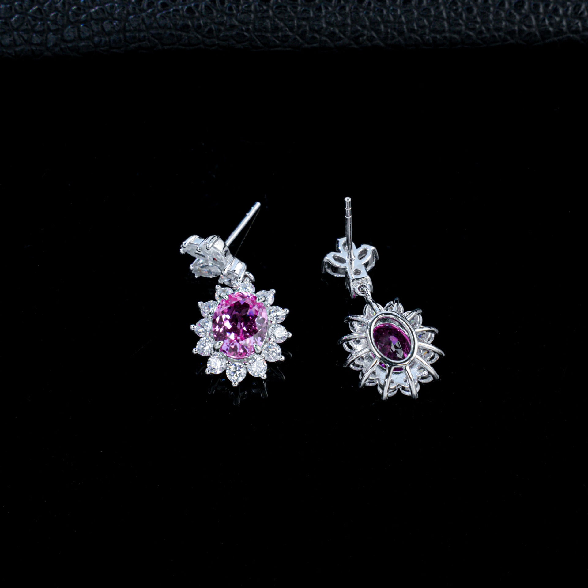 S925 Silver Lab Pink Sapphire Drop Earrings Oval Centre Sunflower Halo, Evening Wedding - Photo 4