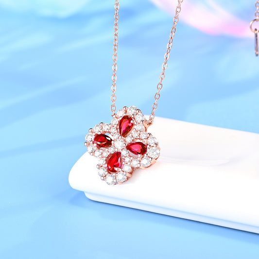 925 Sterling Silver Lab Ruby Four-Leaf Clover Teardrop Pendant Choker, Romantic Versatile Gift - Photo 3