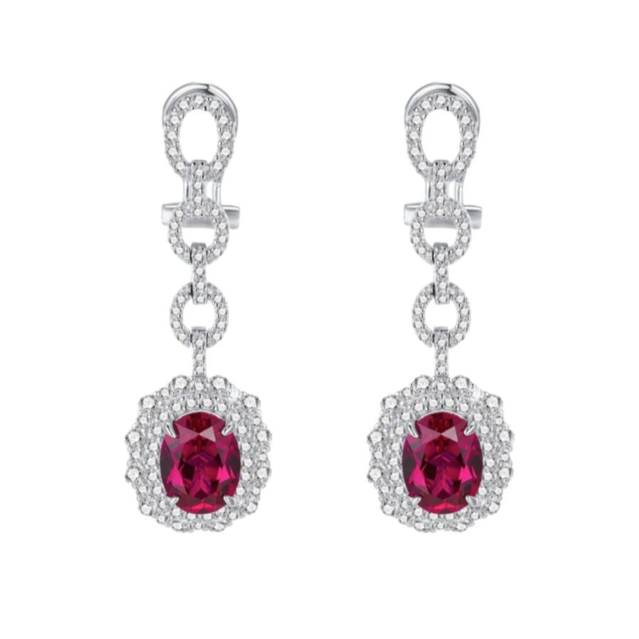 S925 Sterling Silver Lab Pigeon Blood Ruby Sunflower Halo Long Earrings, for Women - Photo 5
