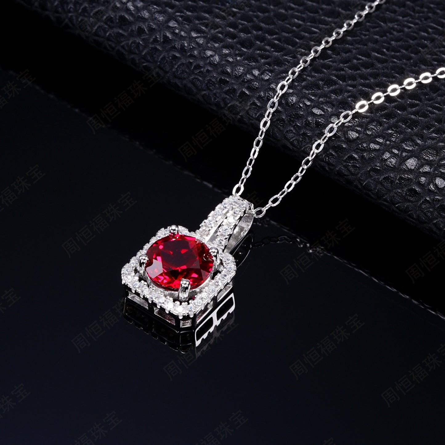 S925 Sterling Silver Square Lab Ruby Halo Pendant Necklace, Premium - Photo 4