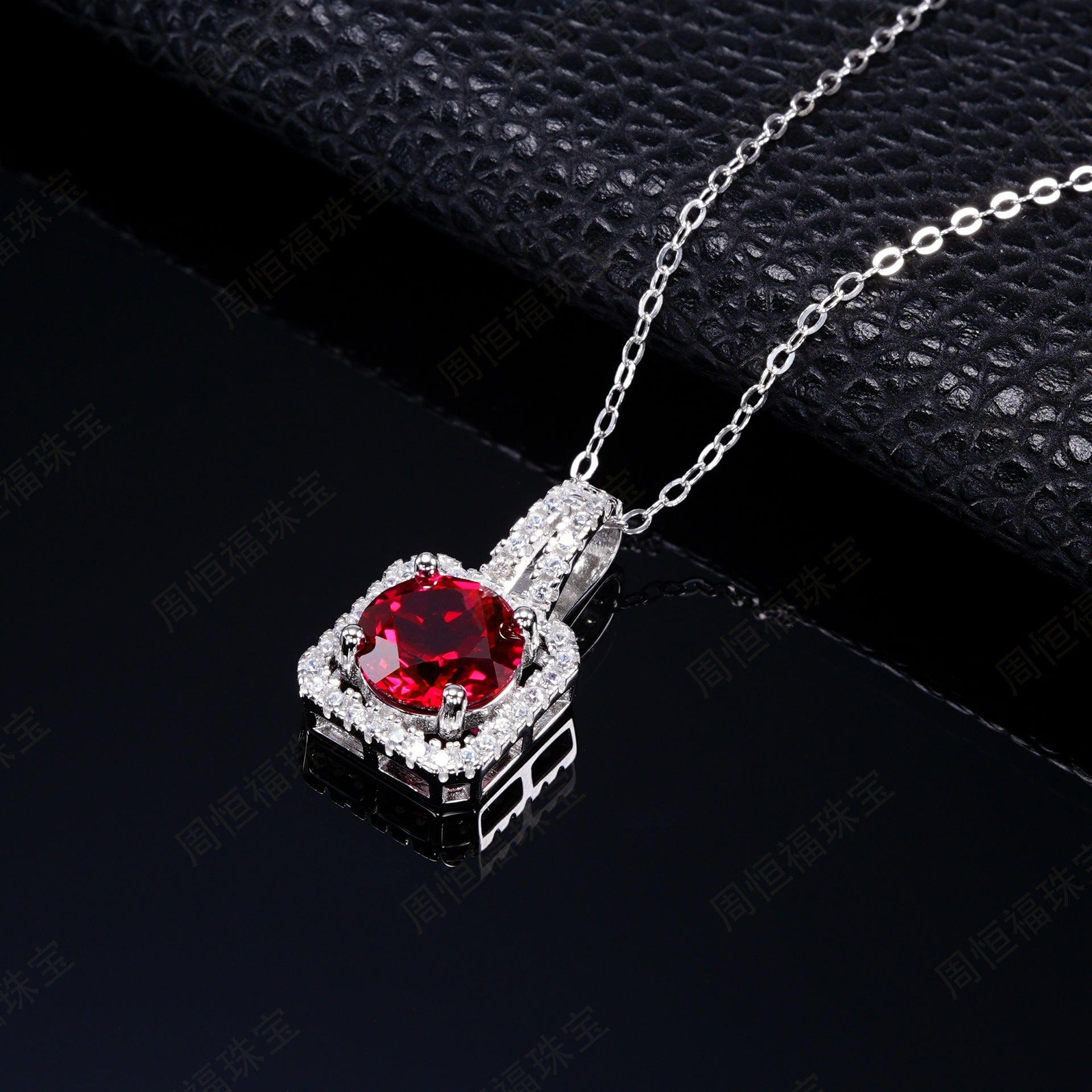 S925 Sterling Silver Square Lab Ruby Halo Pendant Necklace, Premium - Photo 4