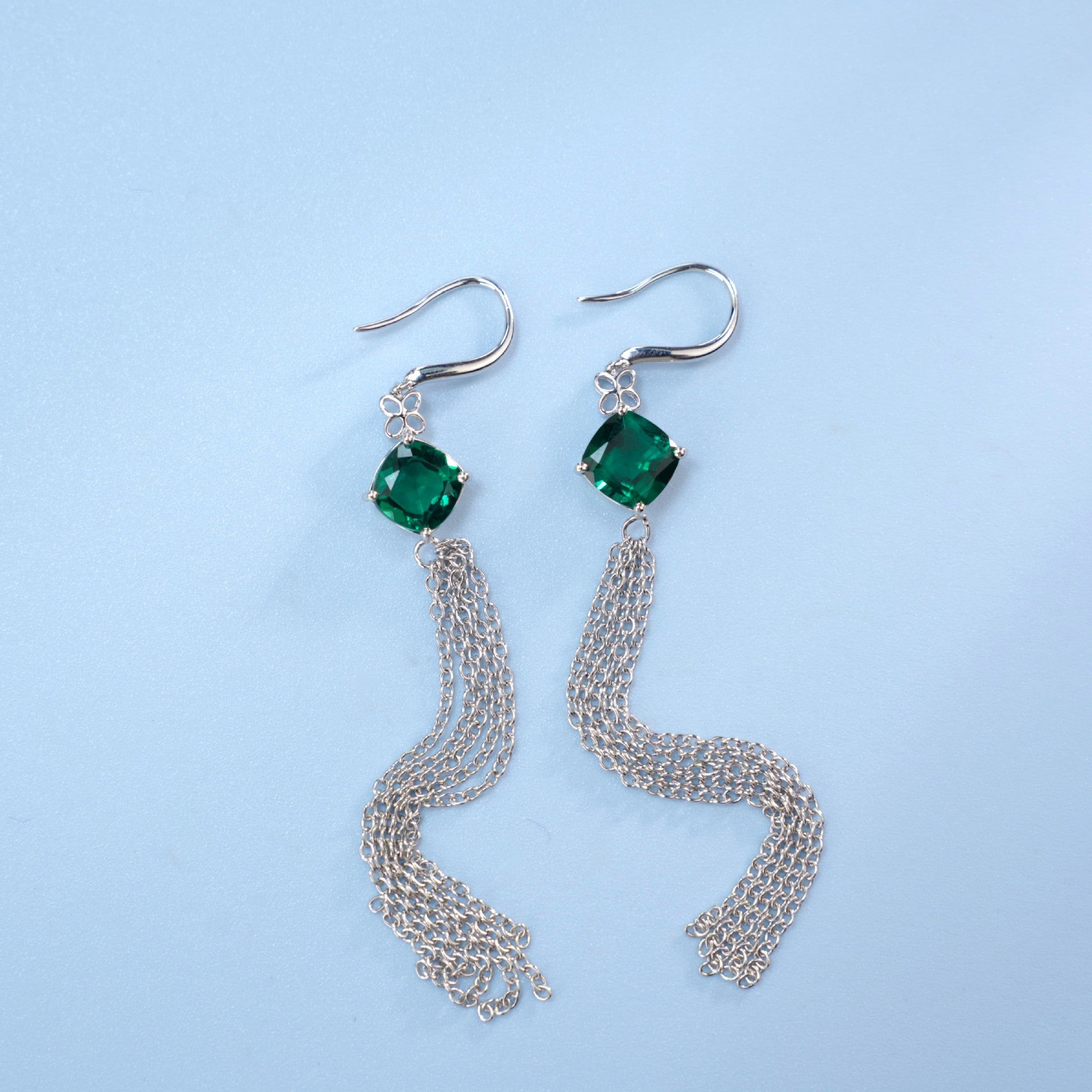 S925 Sterling Silver Lab Emerald Long Tassel Drop Earrings, Premium - Photo 4