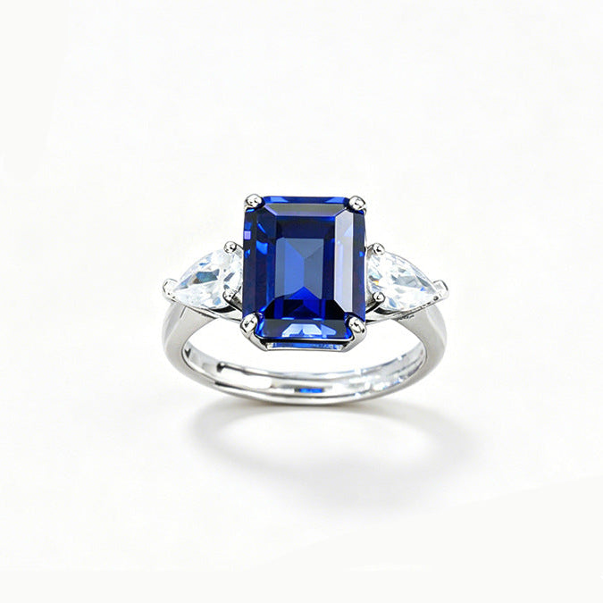 925 Sterling Silver Lab Sapphire Three-Stone Closed Ring, Vintage Premium - Photo 1