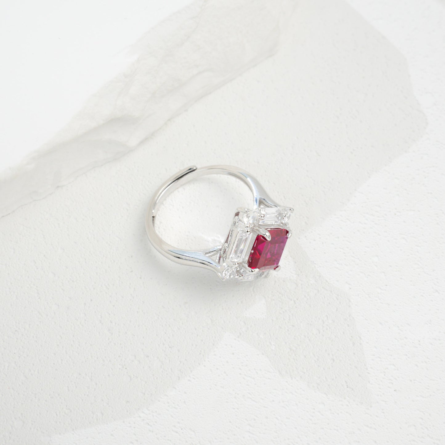 S925 Sterling Silver Lab Pigeon Blood Ruby T-Shape Pave Ring, Gift for Women - Photo 4