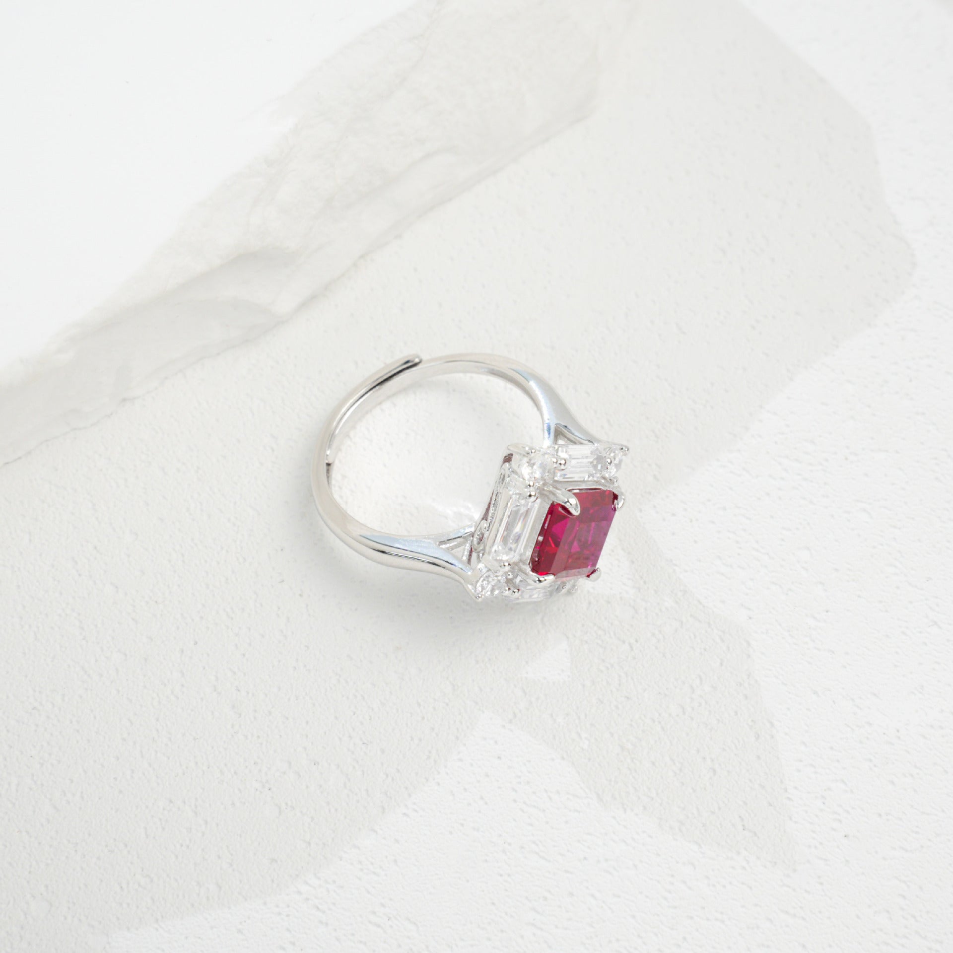 S925 Sterling Silver Lab Pigeon Blood Ruby T-Shape Pave Ring, Gift for Women - Photo 4