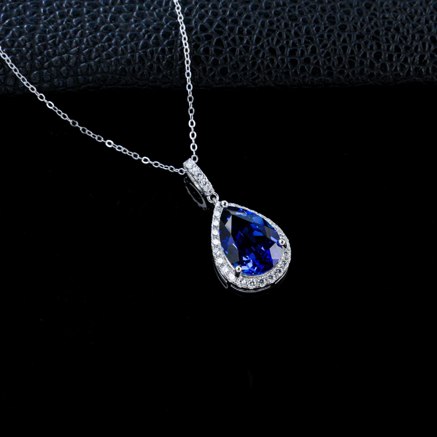 S925 Silver Teardrop Lab Sapphire Halo Evening Pendant Necklace, Birthday Anniversary Gift - Photo 3