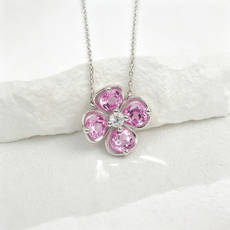 Fresh Four-Leaf Clover Padparadscha Pink Sapphire Pendant Necklace, Girly Valentines Birthday - Photo 4