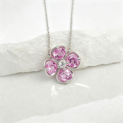 Fresh Four-Leaf Clover Padparadscha Pink Sapphire Pendant Necklace, Girly Valentines Birthday - Photo 4