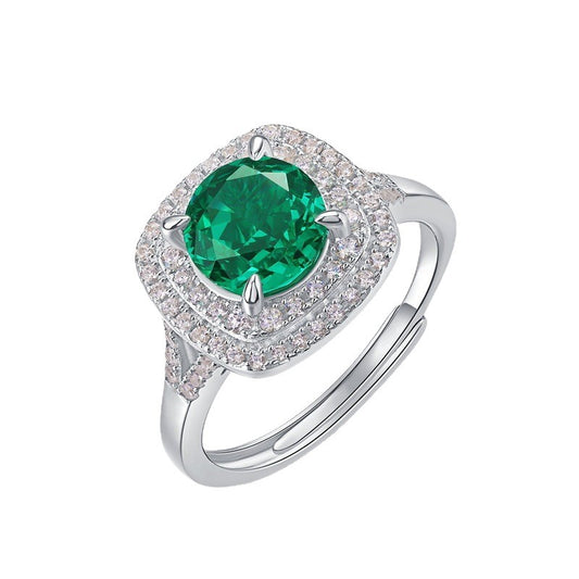 S925 Sterling Silver Lab Emerald Ring Double-Layer Full Diamond Halo Adjustable, Gift - Photo 5