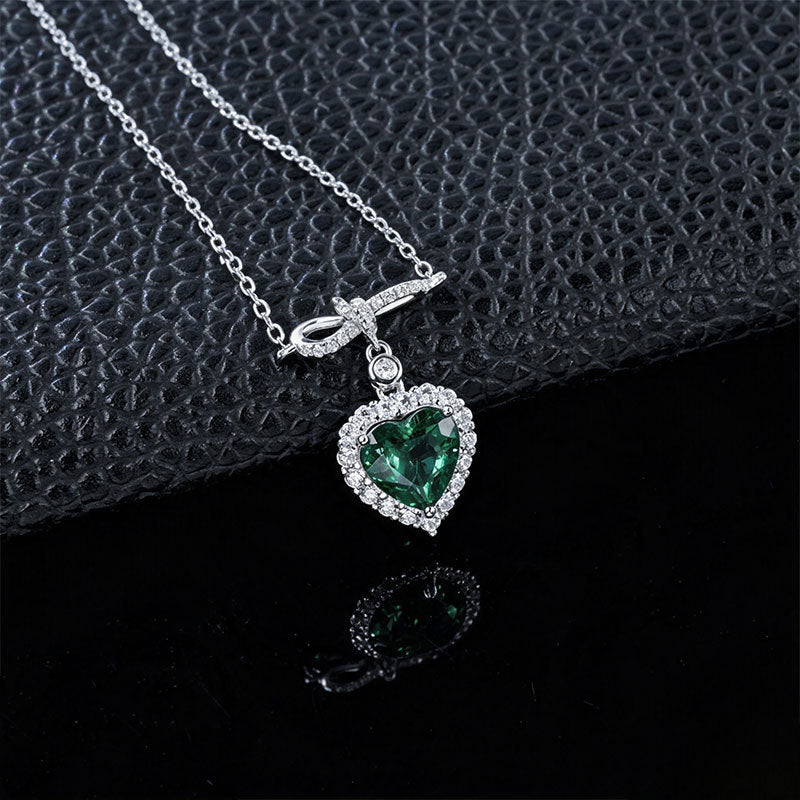 S925 Silver Heart Lab Emerald Full Diamond Halo Necklace, Premium - Photo 6
