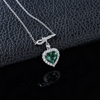 S925 Silver Heart Lab Emerald Full Diamond Halo Necklace, Premium - Photo 6