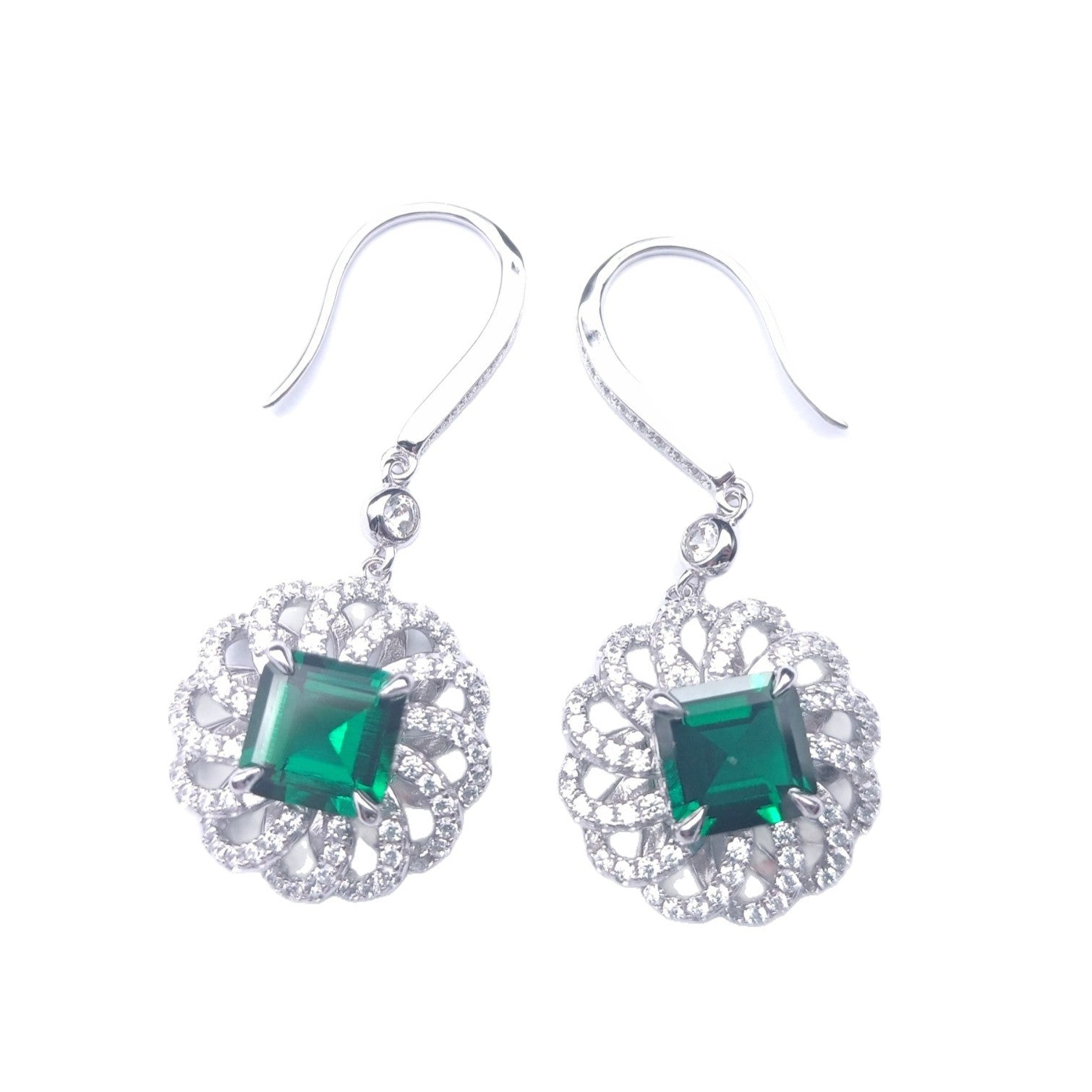 S925 Sterling Silver Lab Emerald Square Sunflower Halo Long Earrings, for Women - Photo 5