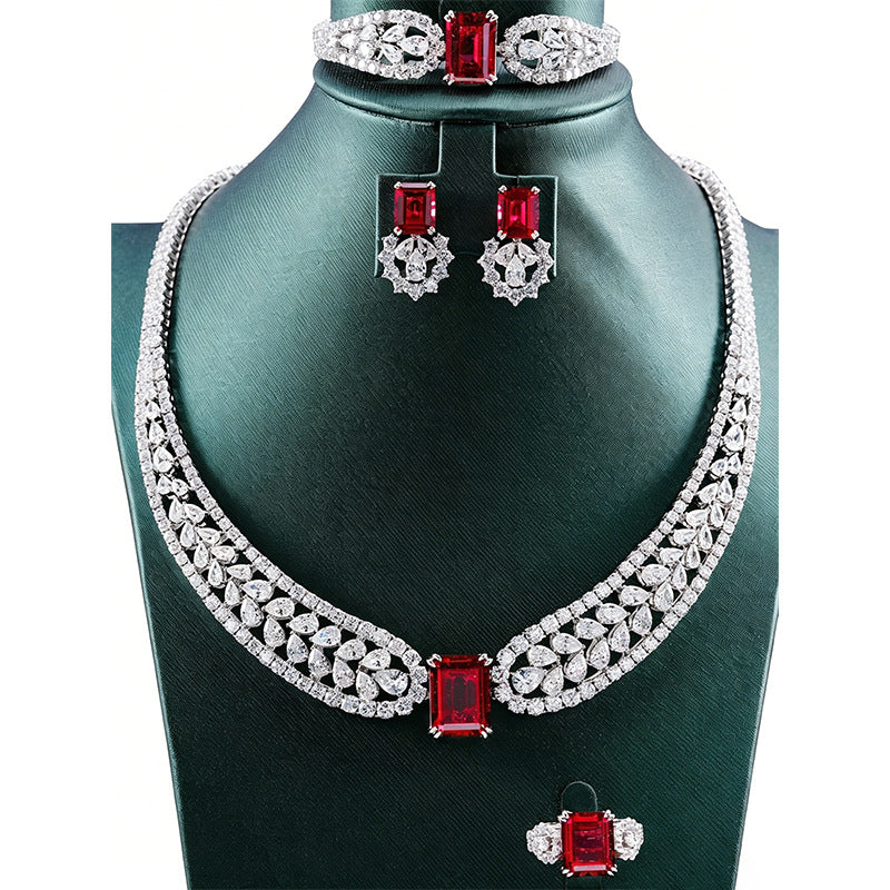 S925 Sterling Silver Lab Pigeon Blood Ruby Set Emerald-Cut, Bride Wedding Accessory - Photo 2