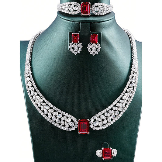 S925 Sterling Silver Lab Pigeon Blood Ruby Set Emerald-Cut, Bride Wedding Accessory - Photo 2