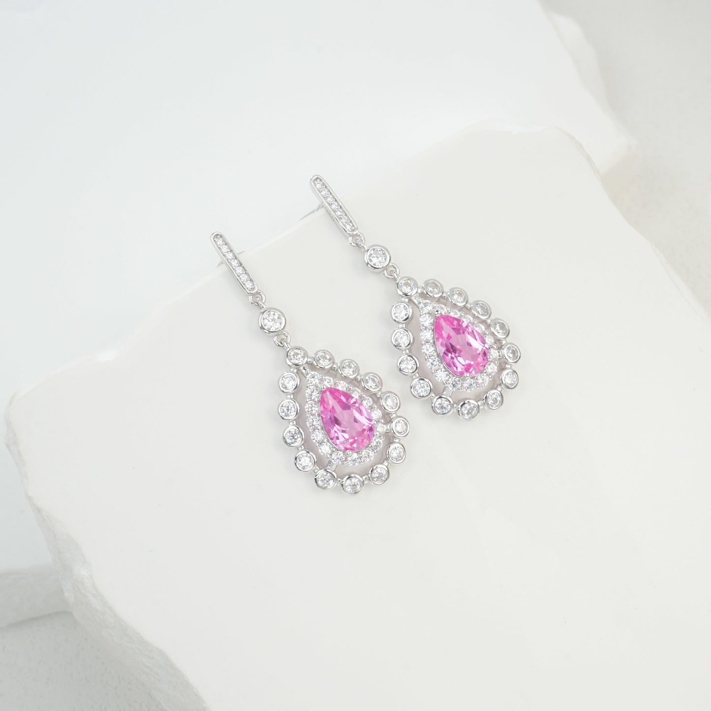 S925 Sterling Silver Lab Paraiba Teardrop Geometric Halo Drop Earrings - Photo 2