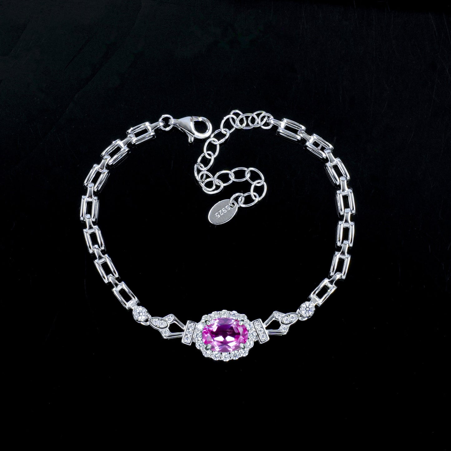 S925 Silver Oval Lab Padparadscha Pink Sapphire Bracelet, Premium - Photo 4