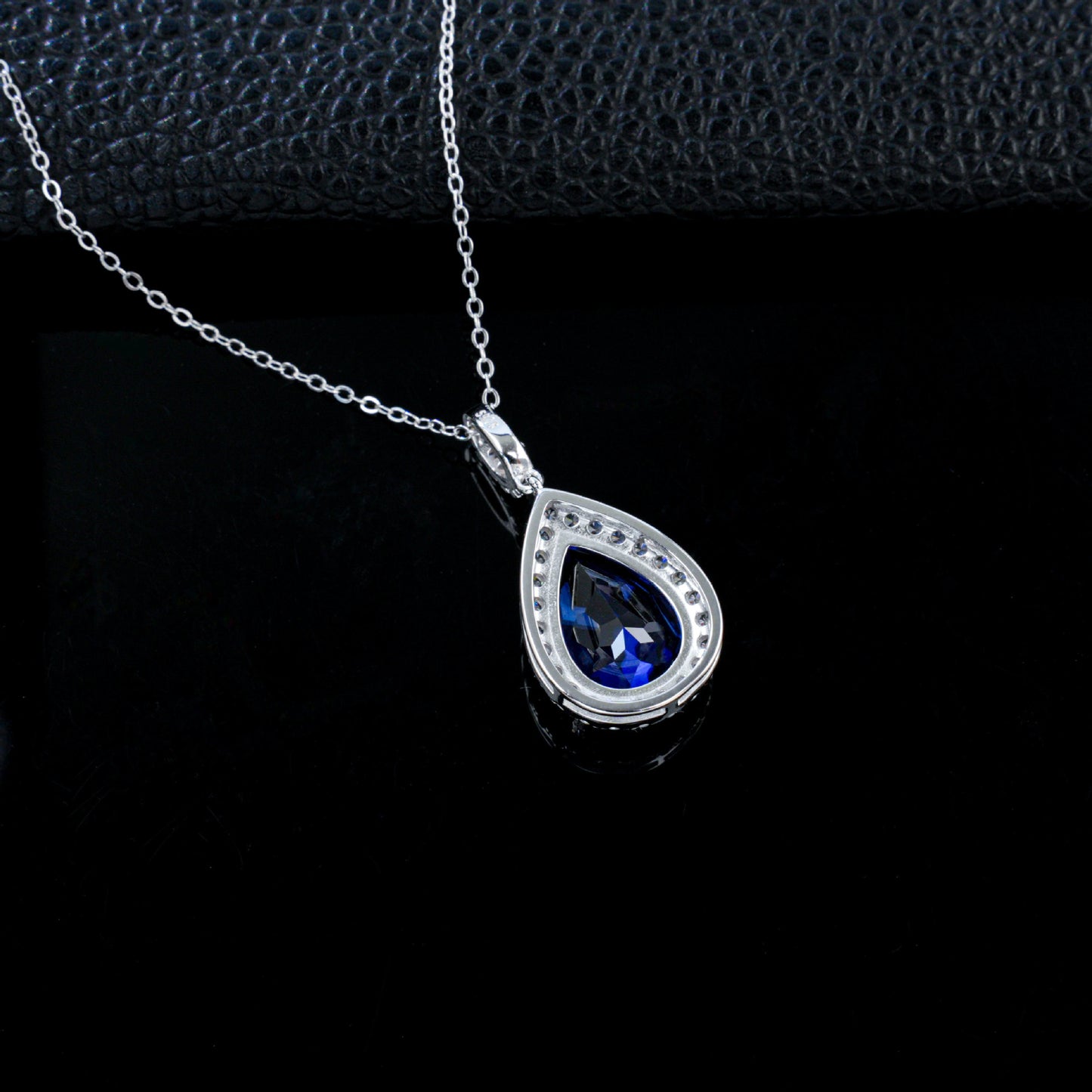 S925 Silver Teardrop Lab Sapphire Halo Evening Pendant Necklace, Birthday Anniversary Gift - Photo 4