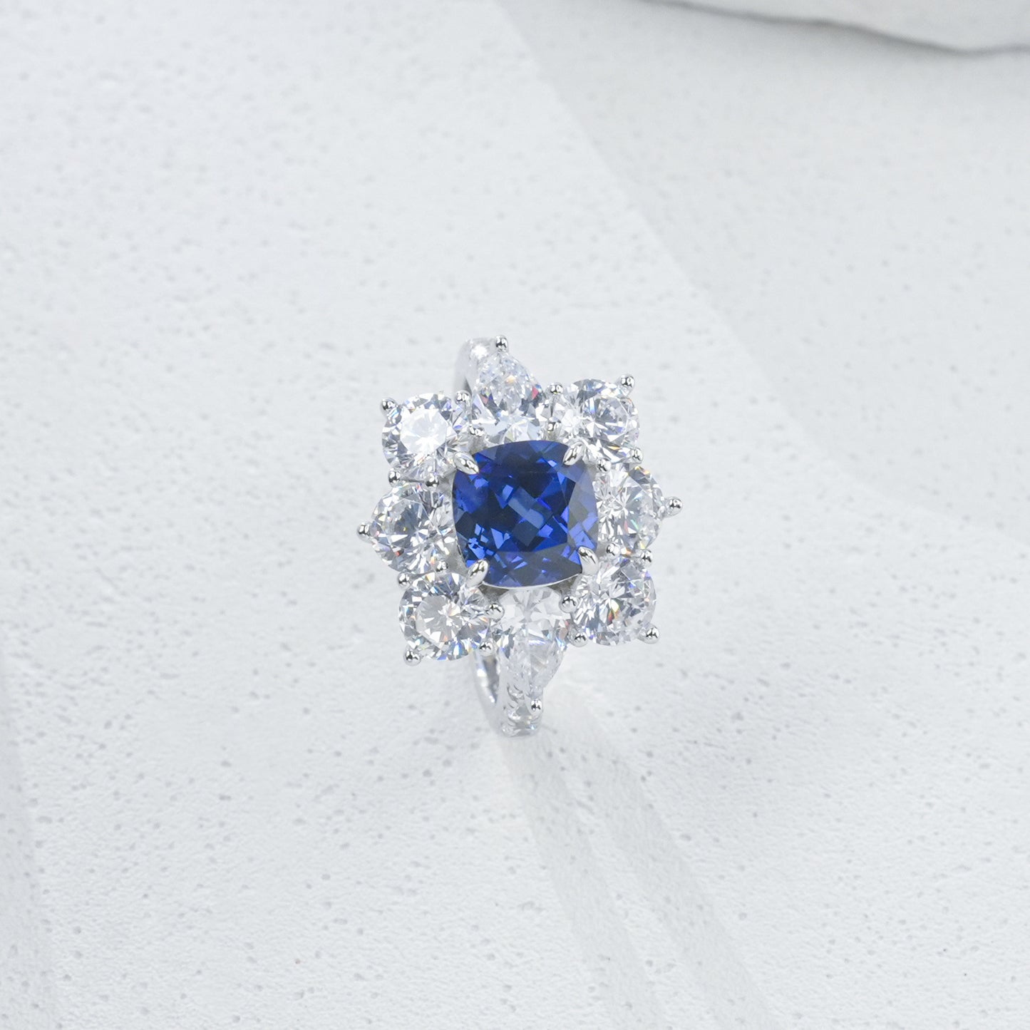 S925 Sterling Silver Lab Sapphire Ring Halo Diamond, Versatile Jewellery Premium - Photo 6