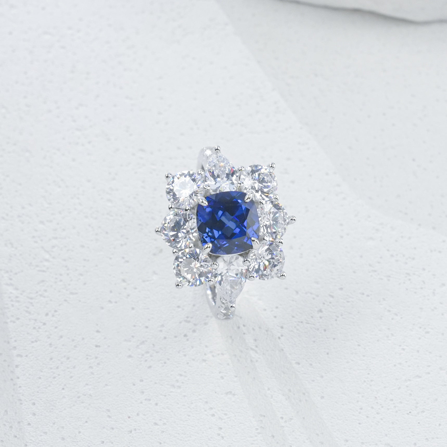 S925 Sterling Silver Lab Sapphire Ring Halo Diamond, Versatile Jewellery Premium - Photo 6