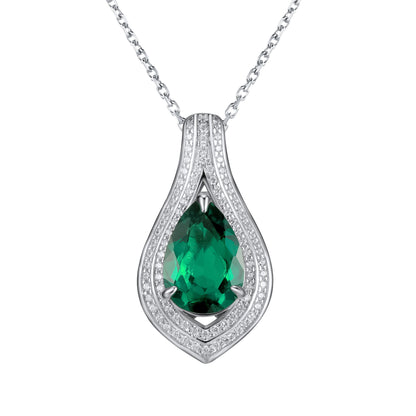 S925 Sterling Silver Lab Emerald Teardrop Pave Halo Necklace, for Women - Photo 6