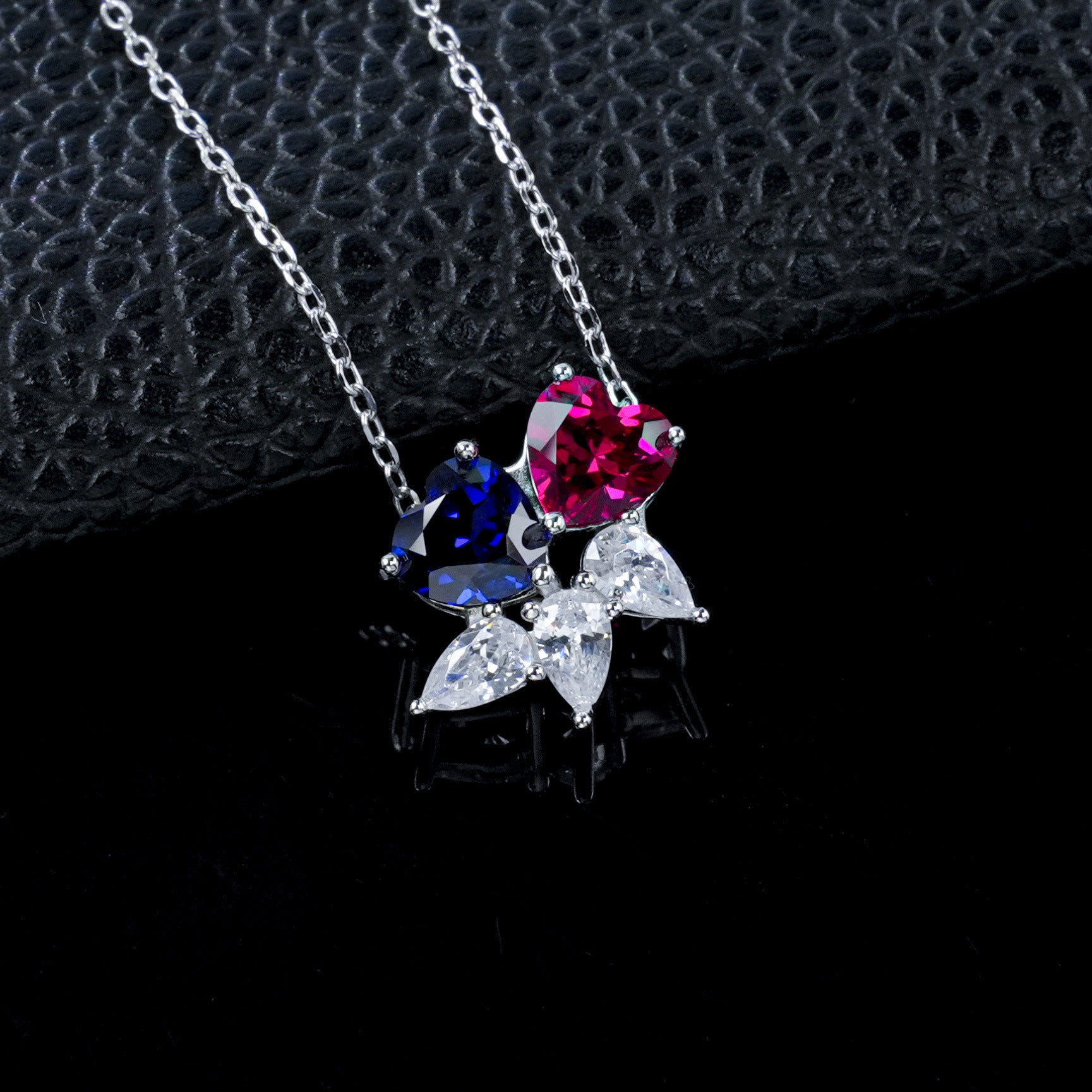 925 Silver Double Heart Lab Sapphire Ruby Contrast Necklace, Date Gift - Photo 2