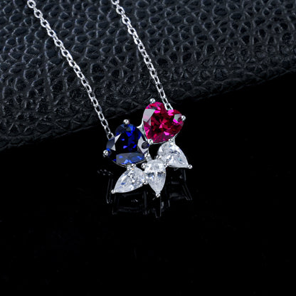 925 Silver Double Heart Lab Sapphire Ruby Contrast Necklace, Date Gift - Photo 2