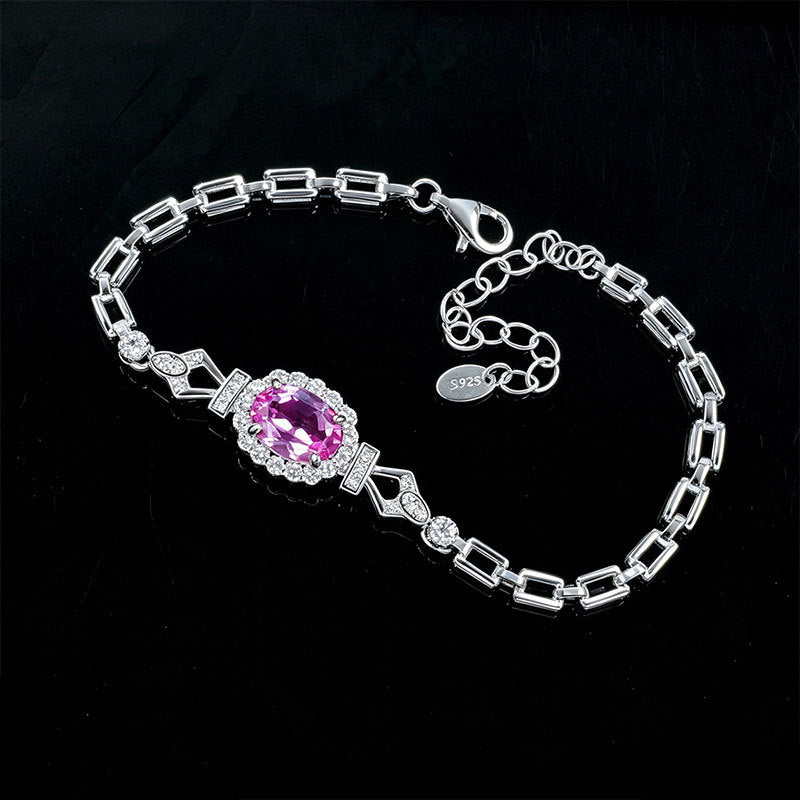 S925 Silver Oval Lab Padparadscha Pink Sapphire Bracelet, Premium - Photo 2