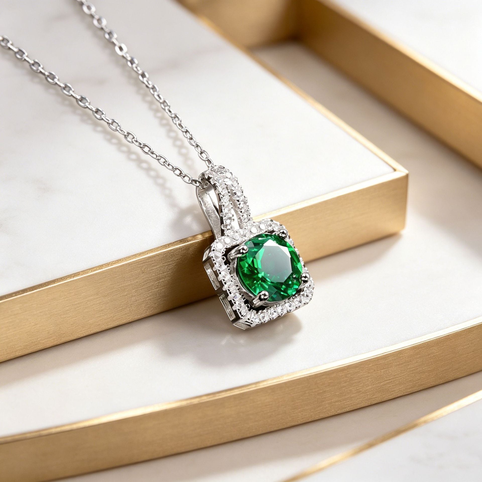 925 Sterling Silver Lab Emerald Round Pendant Necklace, Premium for Women - Photo 3