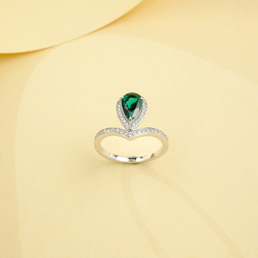 S925 Sterling Silver Lab Emerald Teardrop Pear Ring, Minimalist Designer - Photo 3