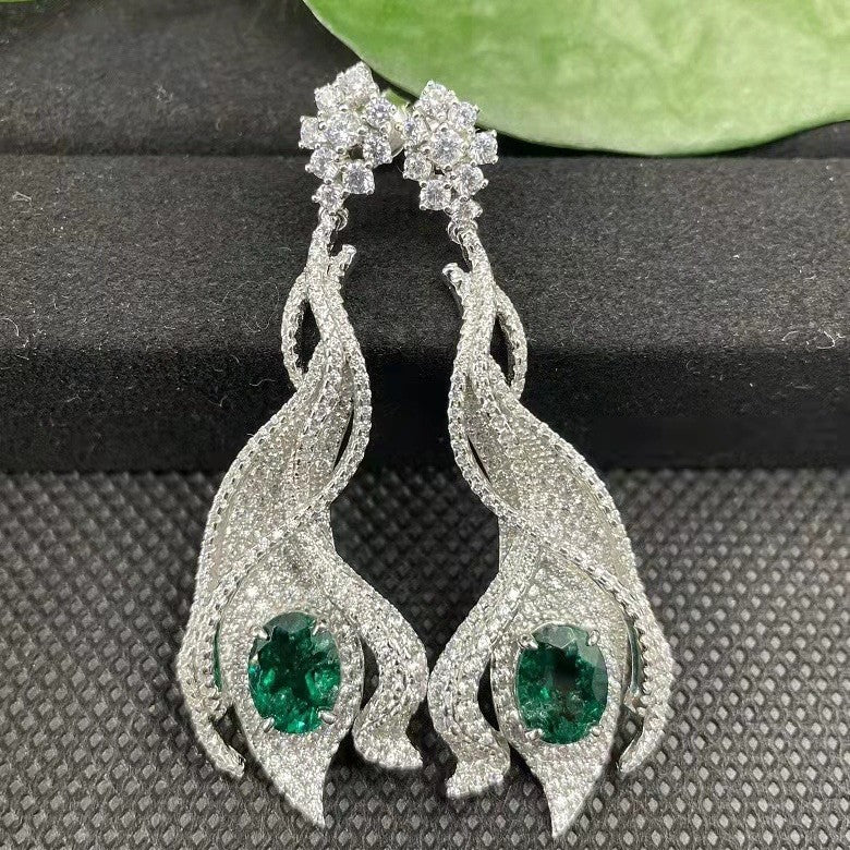 S925 Sterling Silver Lab Emerald Earrings, Vintage Sparkling Diamond - Photo 3
