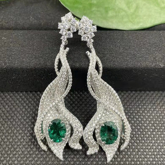 S925 Sterling Silver Lab Emerald Earrings, Vintage Sparkling Diamond - Photo 3