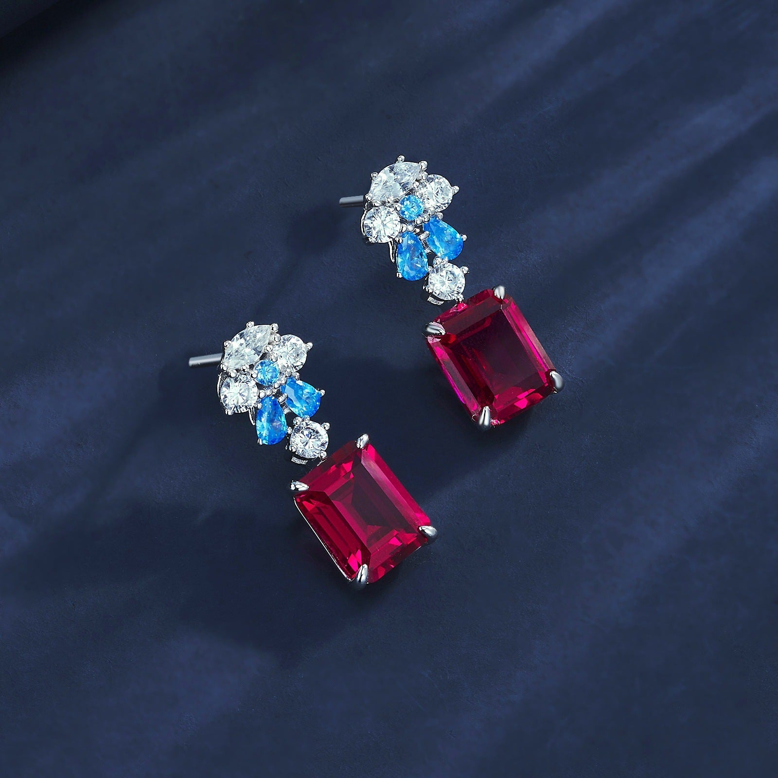S925 Silver Colour-Block Rectangle Corundum Stud Earrings, French Vintage Premium - Photo 4