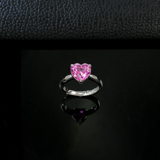 S925 Silver Heart Pink Diamond Simple Solitaire Girly coloured Gemstone Women's Ring - Photo 3