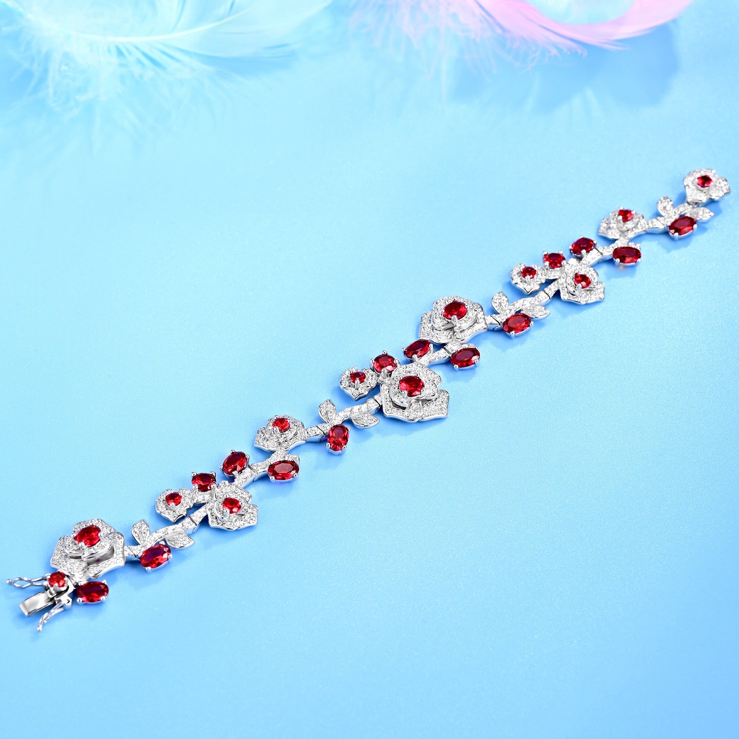 S925 Sterling Silver Lab Ruby Rose Branch Bracelet, Romantic Vintage Anniversary - Photo 2