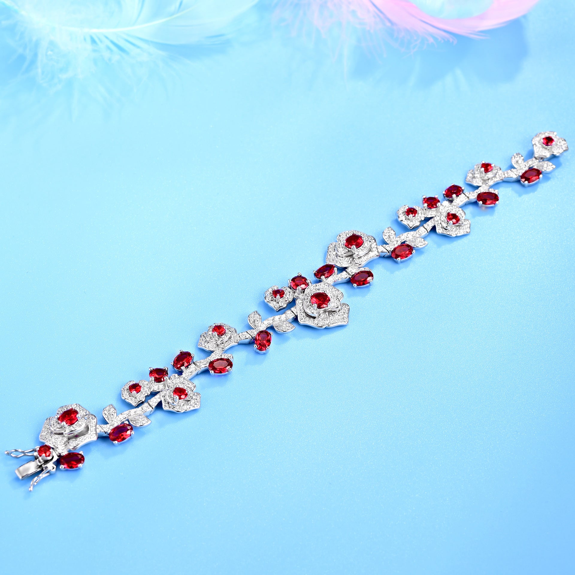S925 Sterling Silver Lab Ruby Rose Branch Bracelet, Romantic Vintage Anniversary - Photo 2