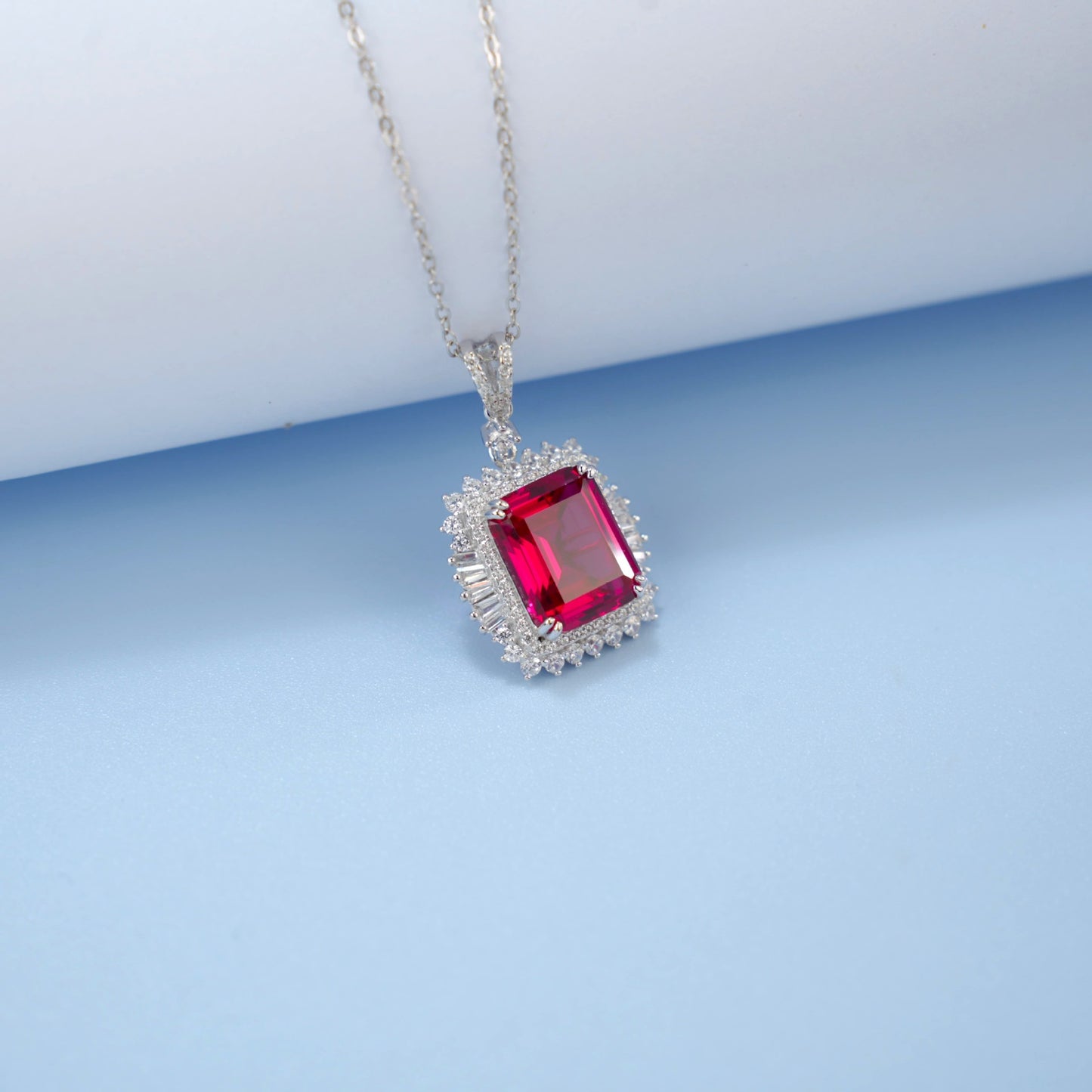 S925 Sterling Silver Lab Pigeon Blood Ruby Halo Pendant Necklace, Vintage Engagement - Photo 2