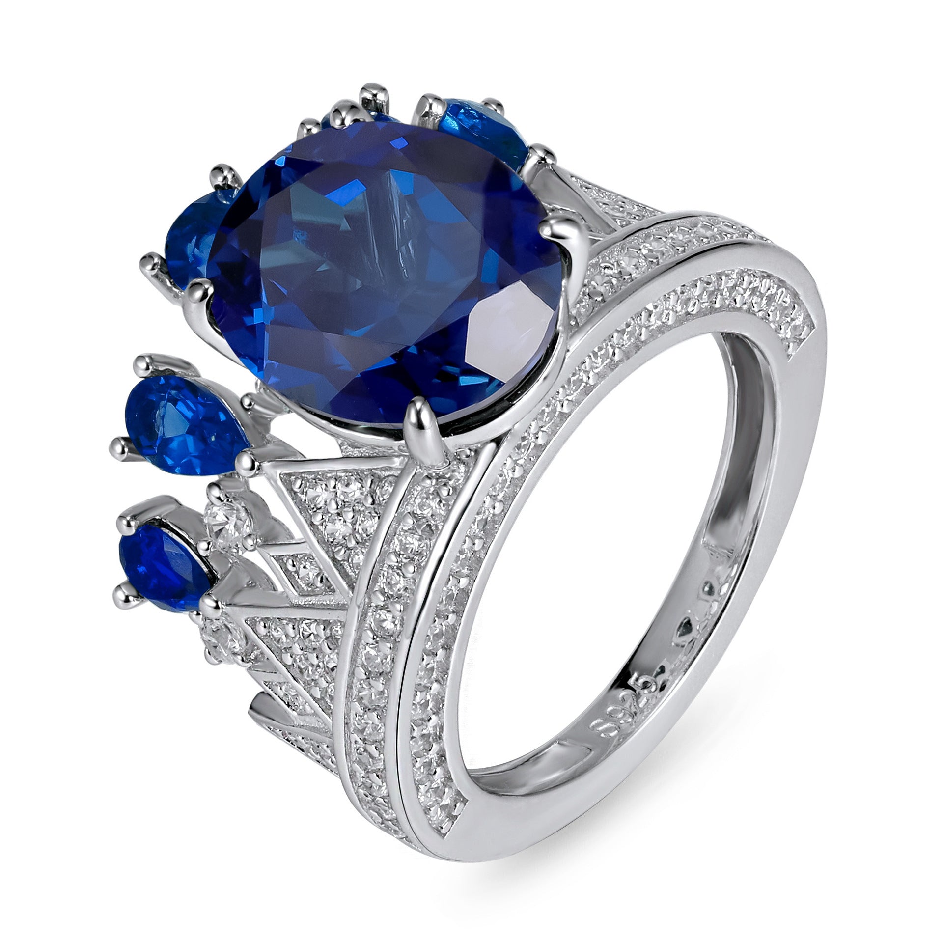 Lab Sapphire Crown Ring S925 Silver Premium Jewellery, Vintage Design Ring - Photo 5