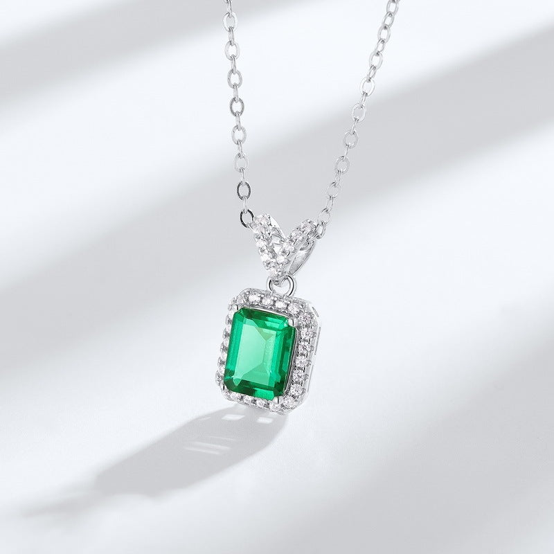 S925 Sterling Silver Classic Square Halo Emerald Necklace, Versatile Vintage Simple - Photo 4