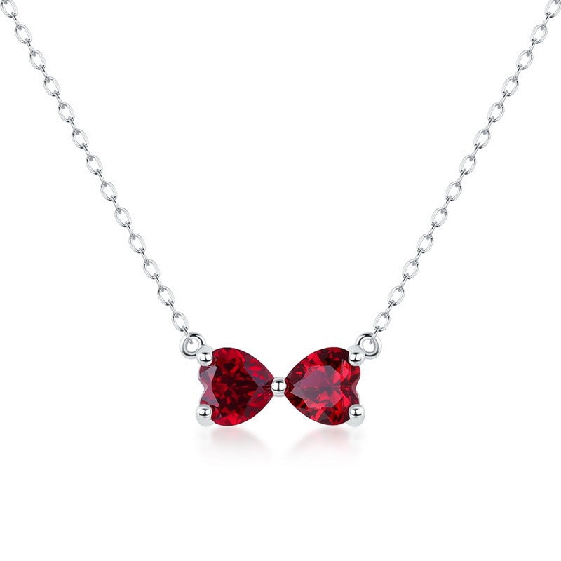 S925 Silver Double Heart Bow Lab Ruby Necklace, Pendant Birthday Gift - Photo 5