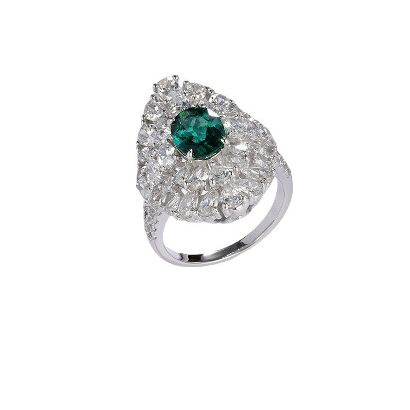S925 Sterling Silver Lab Emerald Floral Cluster Pave Ring, Premium Elegant for Women - Photo 5