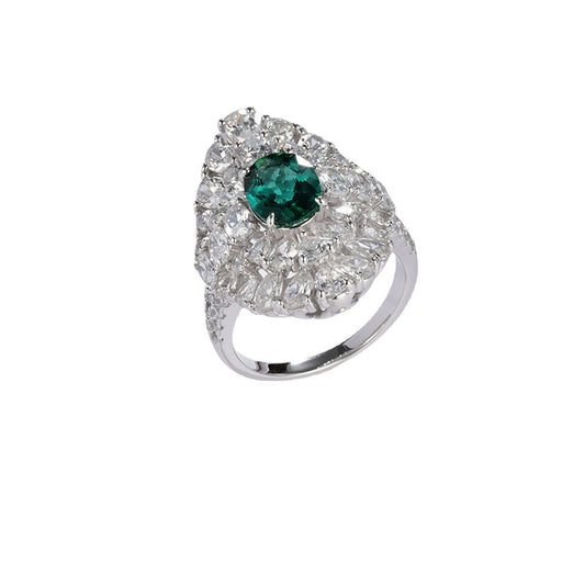 S925 Sterling Silver Lab Emerald Floral Cluster Pave Ring, Premium Elegant for Women - Photo 5