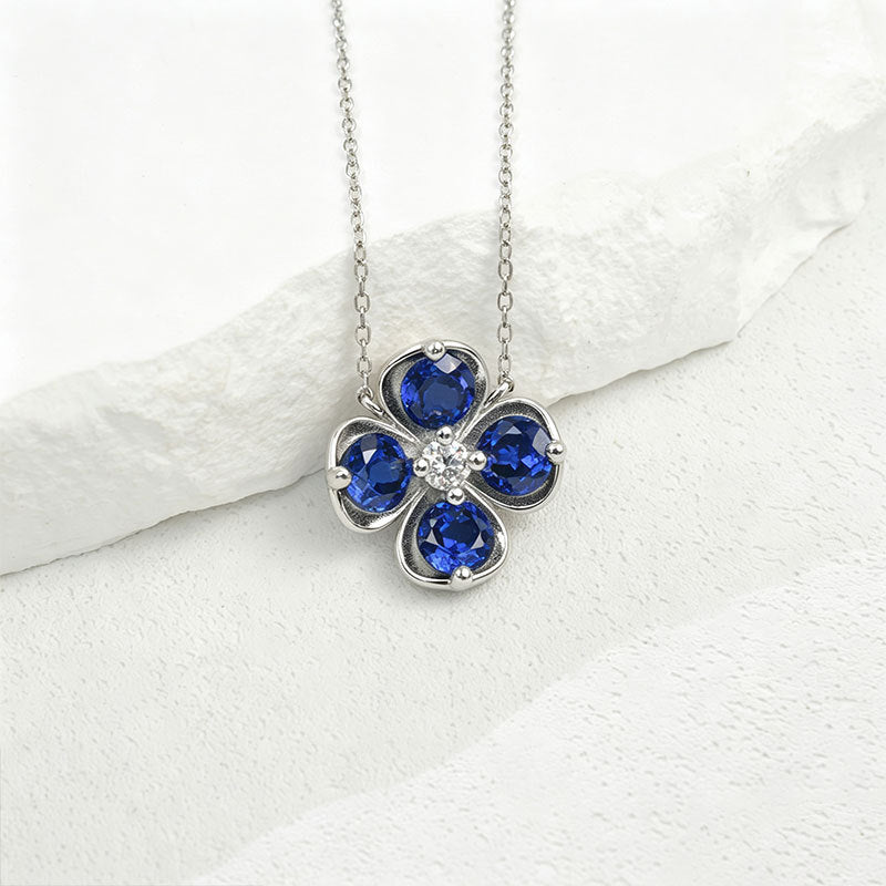 Lucky Four-Leaf Clover Sapphire 925 Silver Necklace, Simple Birthday Holiday - Photo 3