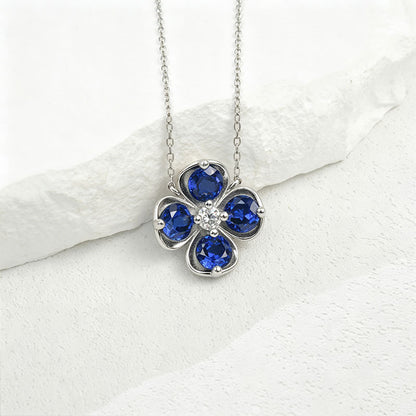 Lucky Four-Leaf Clover Sapphire 925 Silver Necklace, Simple Birthday Holiday - Photo 3